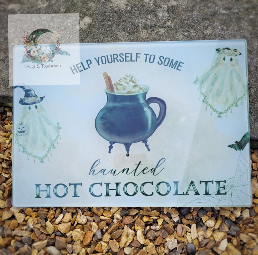 Haunted Hot chocolate glass chopping board 