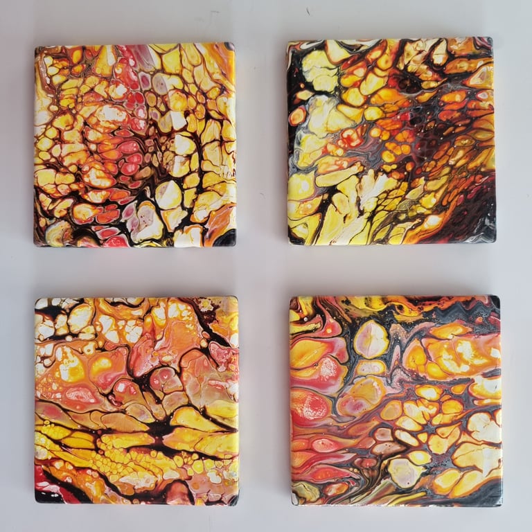 (28) Acrylic Art on Set of Four Ceramic Square Coasters with Cork backing