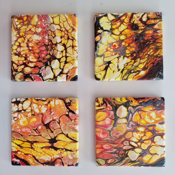 (28) Acrylic Art on Set of Four Ceramic Square Coasters with Cork backing