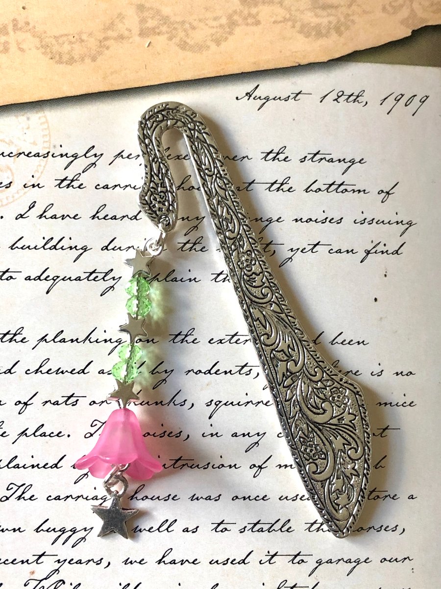 Pink Flower Beaded Ornate Bookmark 