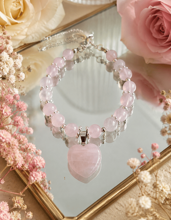 Genuine Hand-made Rose-Quartz Heart Bracelet 