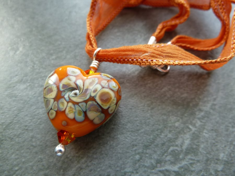 silk necklace, lampwork glass heart