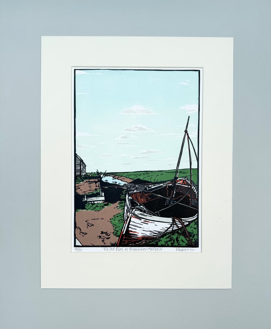Original Limited Edition Lino Print- The Old Boat at Thornham Harbour