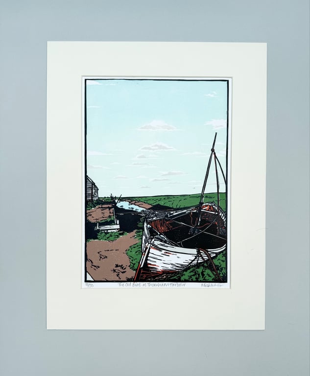 Original Limited Edition Lino Print- The Old Boat at Thornham Harbour