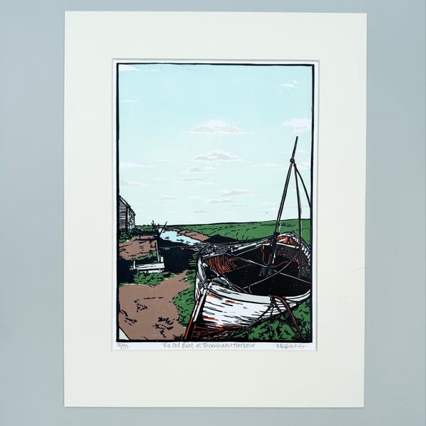 Original Limited Edition Lino Print- The Old Boat at Thornham Harbour