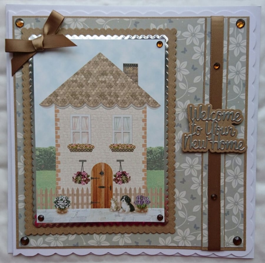3D Luxury Handmade Card Welcome to Your New Home Cute Cat and Dog