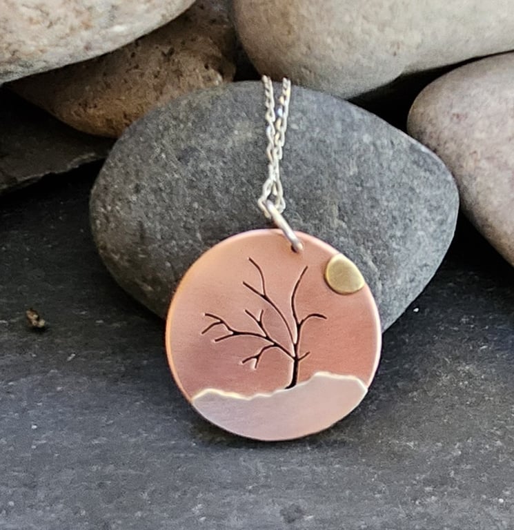 Tree landscape pendant in copper, sterling silver and brass