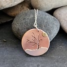Tree landscape pendant in copper, sterling silver and brass