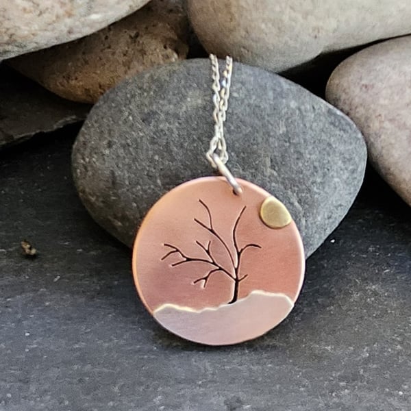 Tree landscape pendant in copper, sterling silver and brass