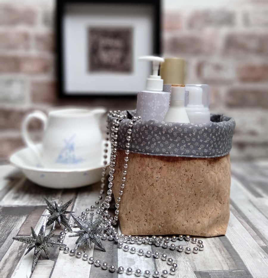 Natural Cork Fabric and Cotton Contemporary Storage Basket