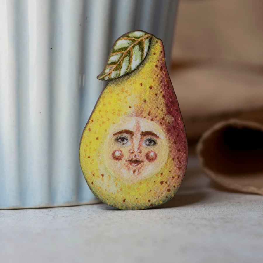 Pear wooden badge pin. William the pearman