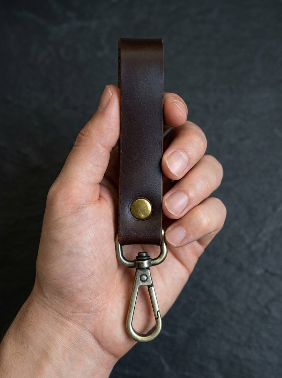 Dark Brown Full Grain Leather Belt Loop Key Holder Brass Snap Hook UK