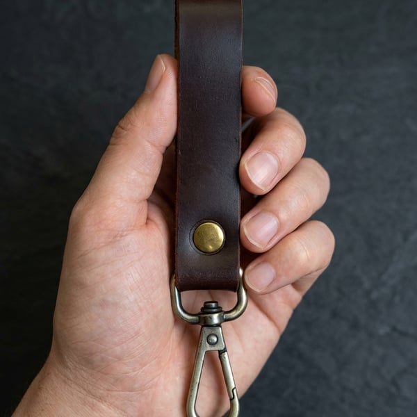Dark Brown Full Grain Leather Belt Loop Key Holder Brass Snap Hook UK