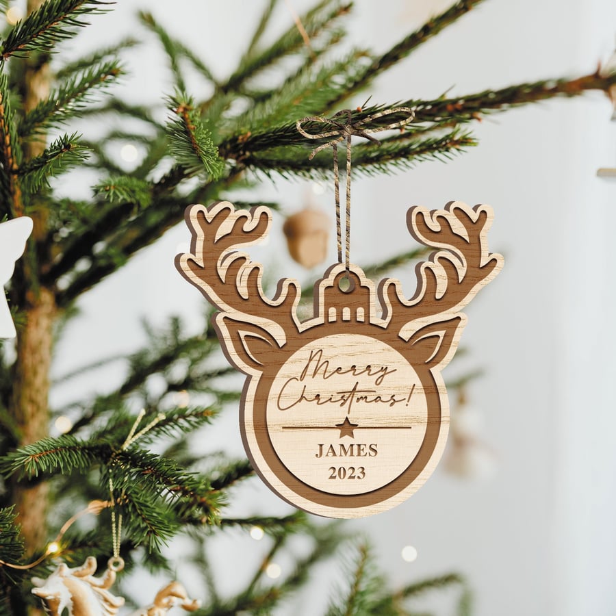 Personalised Reindeer Antlers Christmas Ornament Custom Name Rustic Xmas