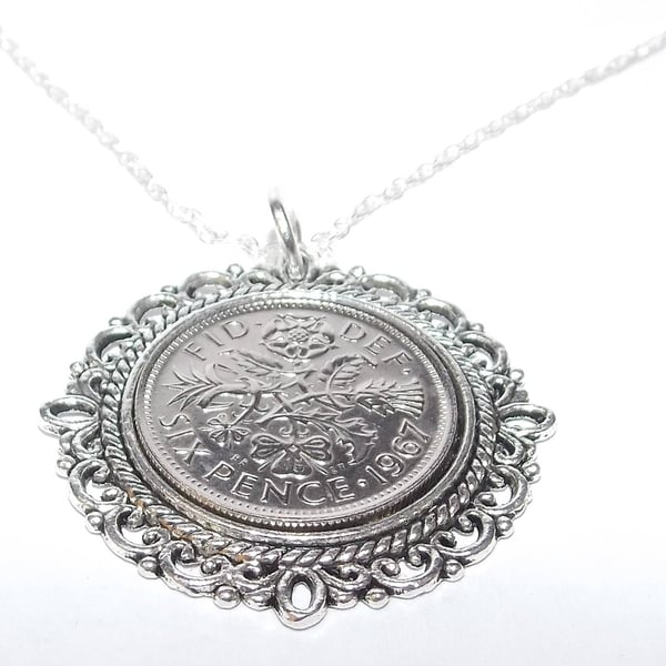 Fancy Pendant 1967 Lucky sixpence 57th Birthday plus a Sterling Silver 18in Ch