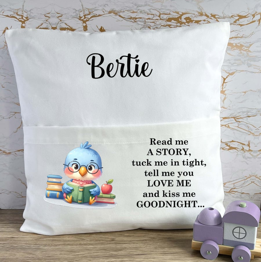 Personalised Budgie Book Pocket Cushion, Story Book Reading Cushion