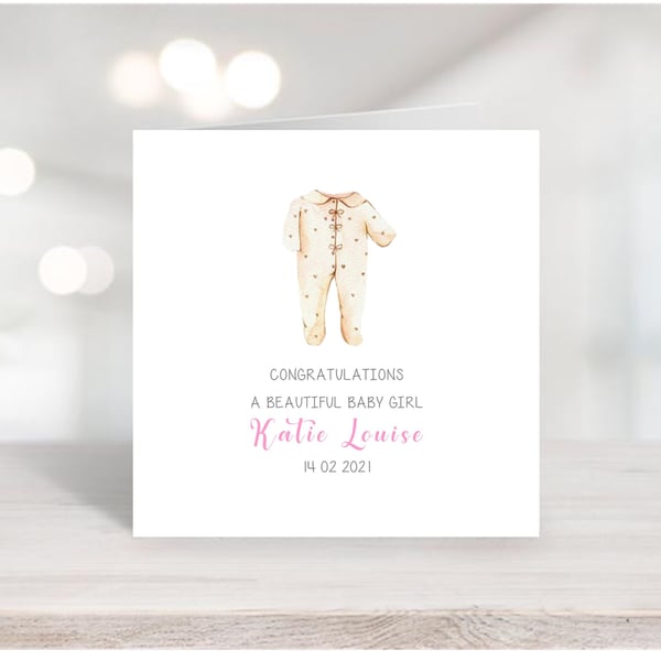  Watercolour Baby Gro Clothing  design - Personalised New Baby Girl Card