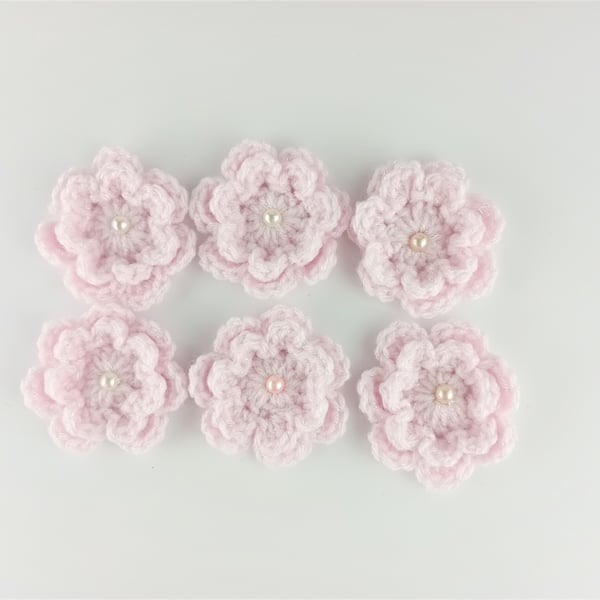 Crochet flowers -  SIX 2 layered pink glitter flowers with pearl like bead