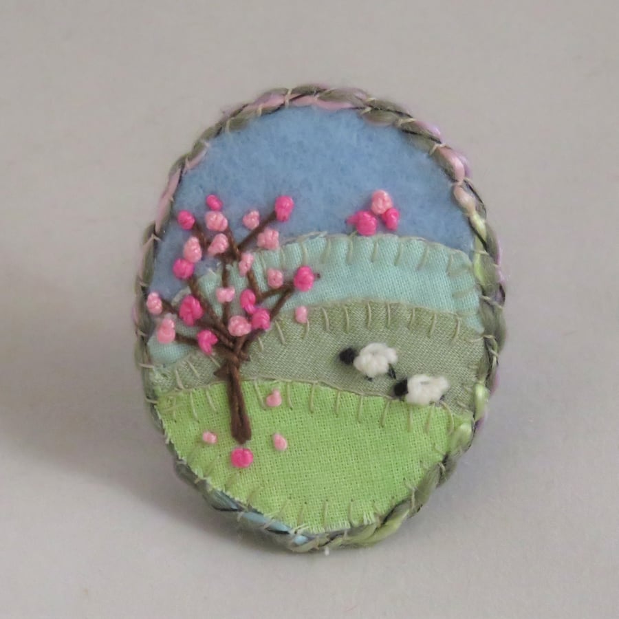  Brooch - Blossom and Two Sheep, appliqued and embroidered