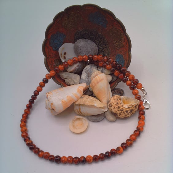 Men's Orange and Brown Glass Bead Necklace, Men's Necklace, Gift for Him