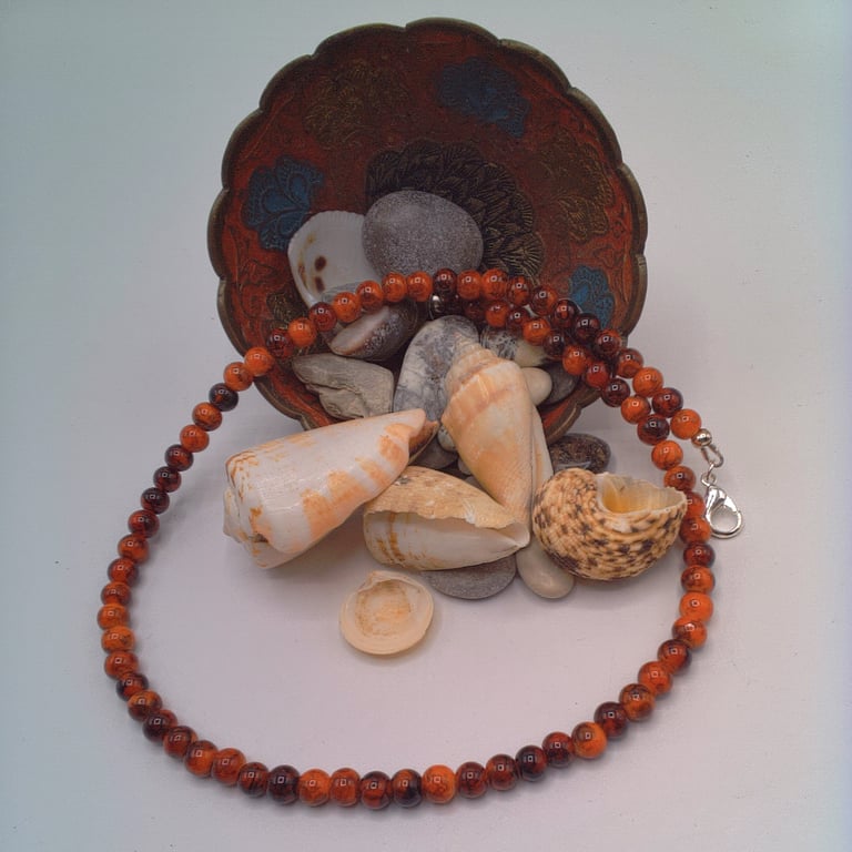 Men's Orange and Brown Glass Bead Necklace, Men's Necklace, Gift for Him