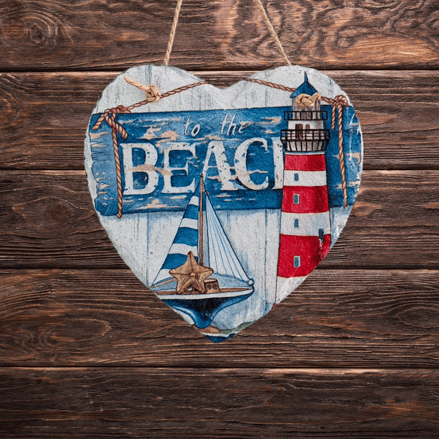 Coastal Charm: Decoupaged Slate Heart Wall Hanging with Boat and lighthouse