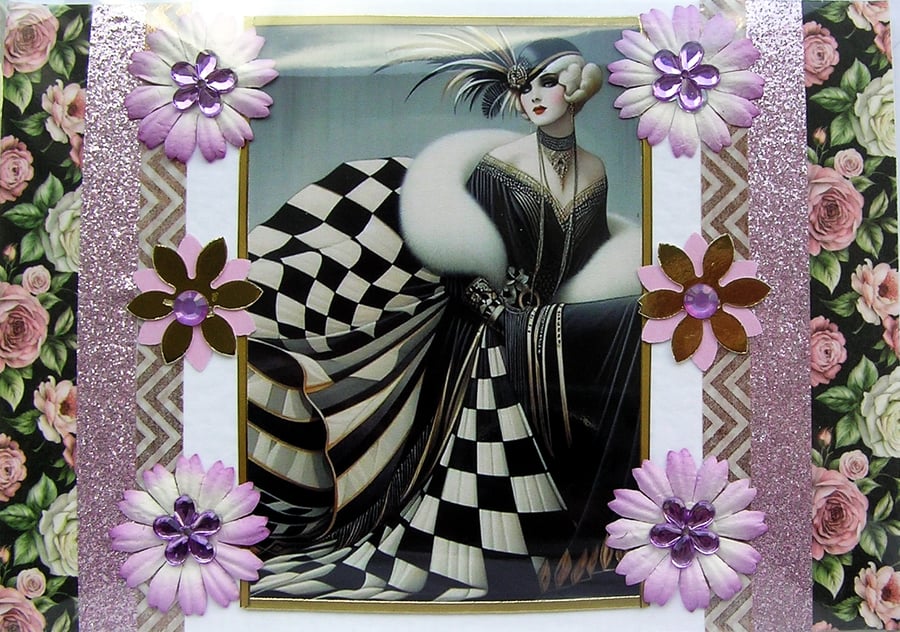 Art Deco Style Lady - Hand Crafted Decoupage Greeting Card - Blank 3193