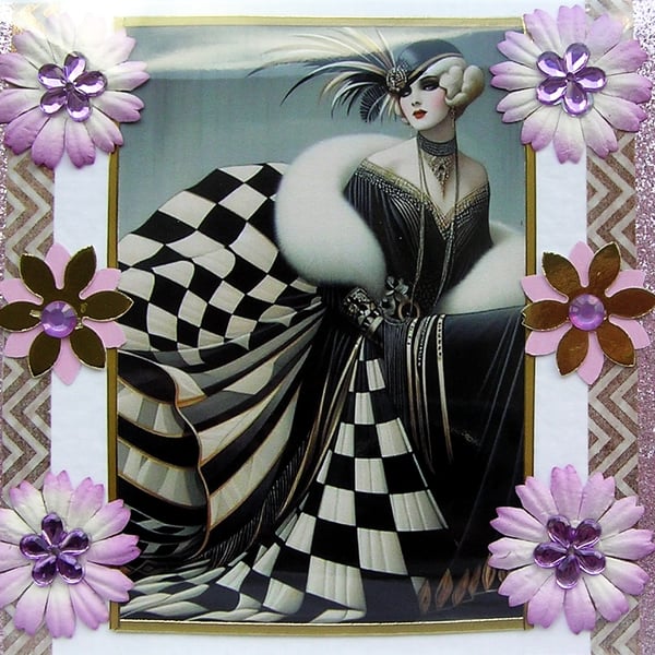 Art Deco Style Lady - Hand Crafted Decoupage Greeting Card - Blank 3193