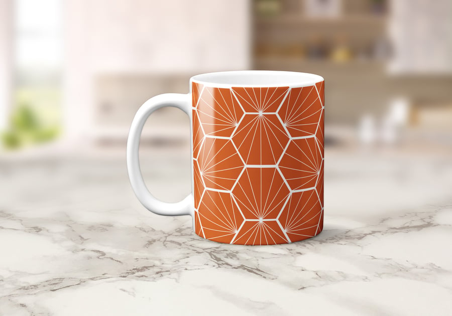 Orange and White Hexagon Geometric Design Mug, Tea or Coffee Cup