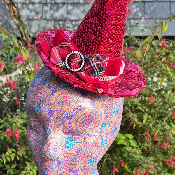 Red Sequin Mini Witch Hat Hatinator Halloween Costume 