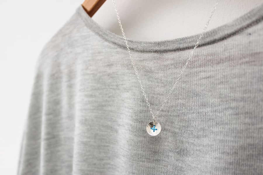 Silver button necklace, stitched button, textured silver