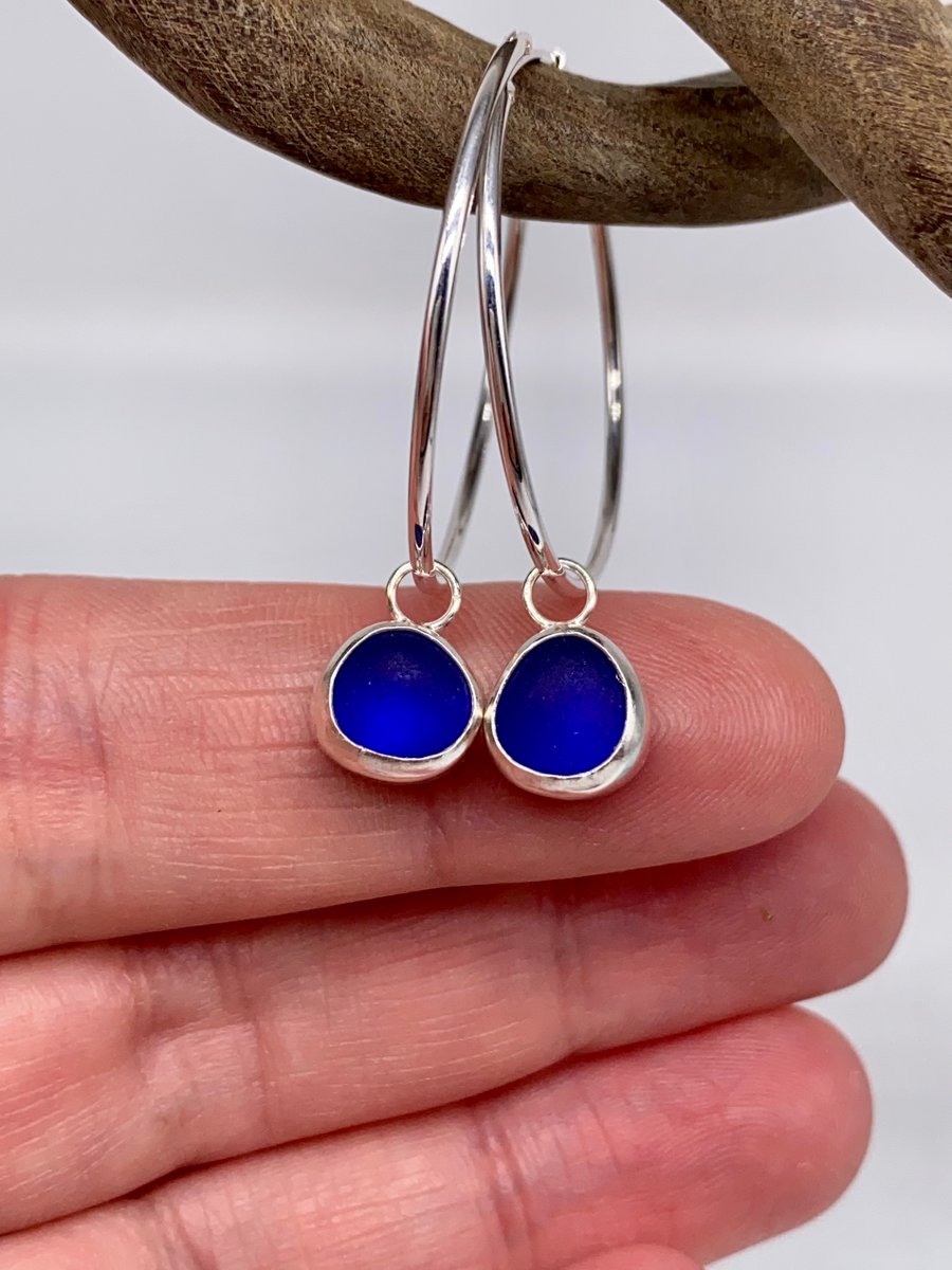 Dark Blue Sea Glass Hoop Earrings