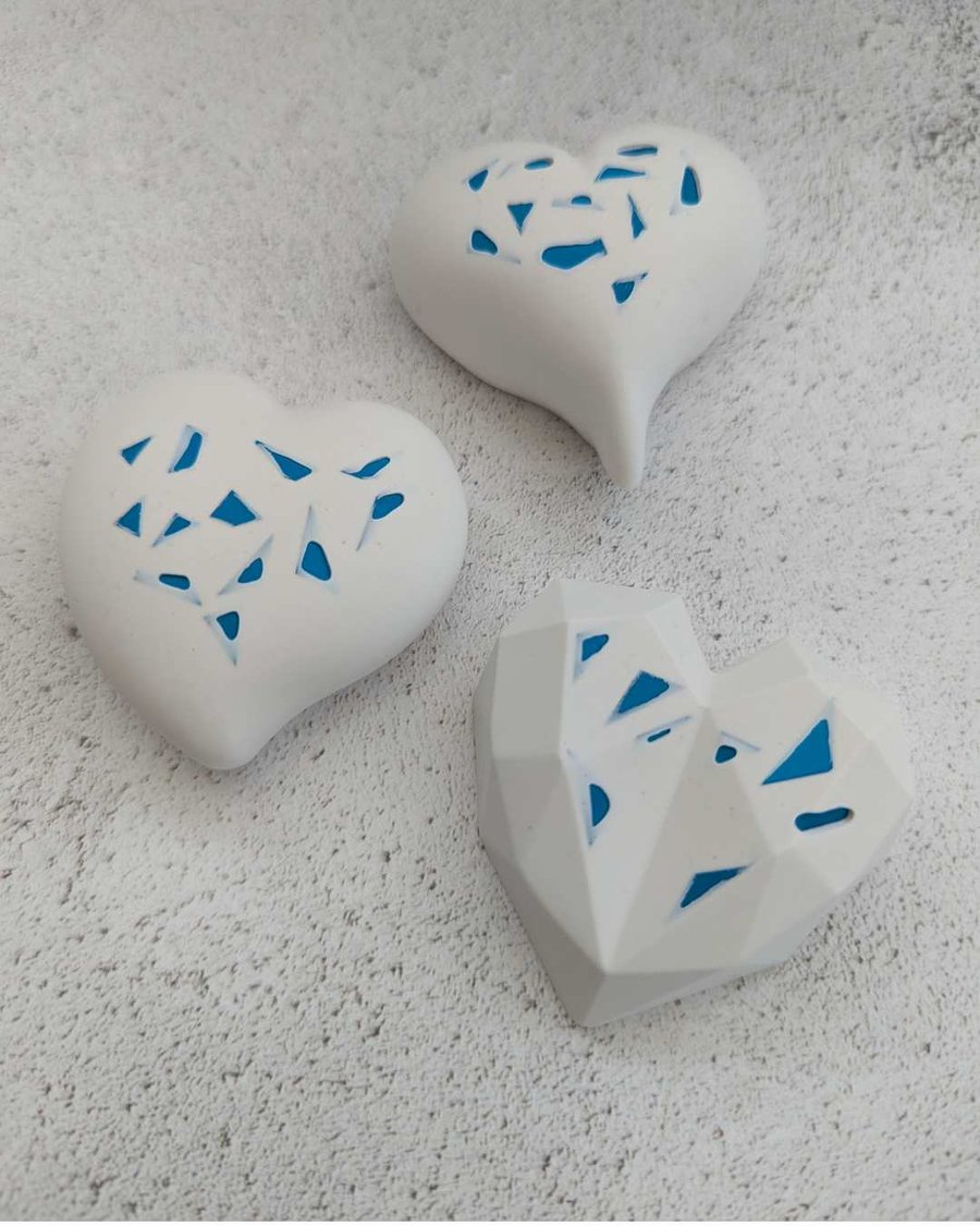Handcrafted blue detail pocket hearts, wedding favors, table decorations