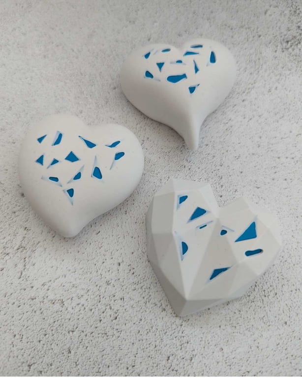 Handcrafted blue detail pocket hearts, wedding favors, table decorations