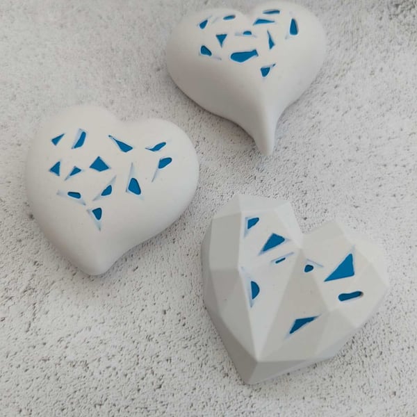 Handcrafted blue detail pocket hearts, wedding favors, table decorations