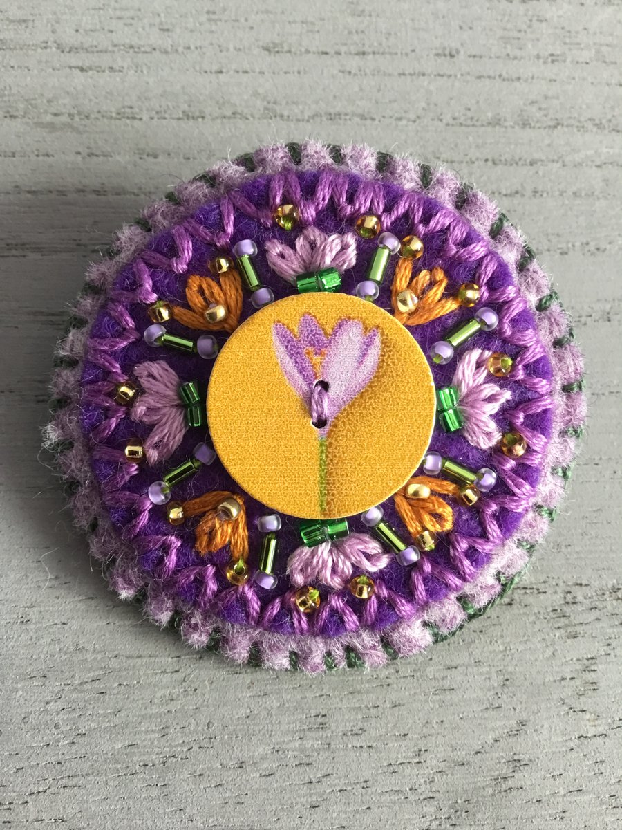 Hand Embroidered Crocus Brooch