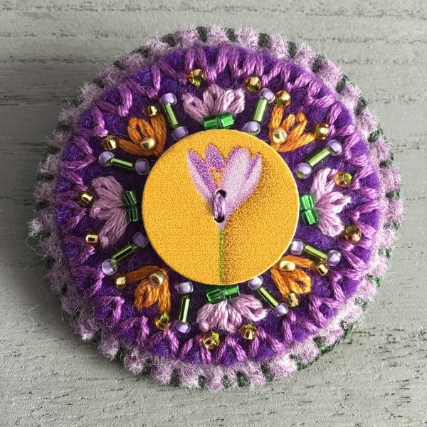 Hand Embroidered Crocus Brooch