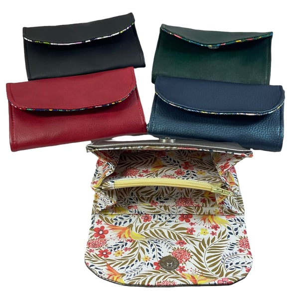 Concertina purse in faux leather and lined with liberty floral cotton fabric, 