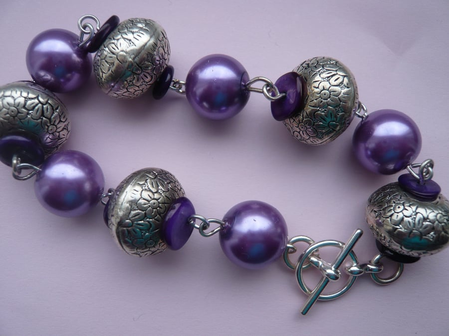 Purple Faux Pearl Bead and Tibetan Style Spacer Bead Bracelet