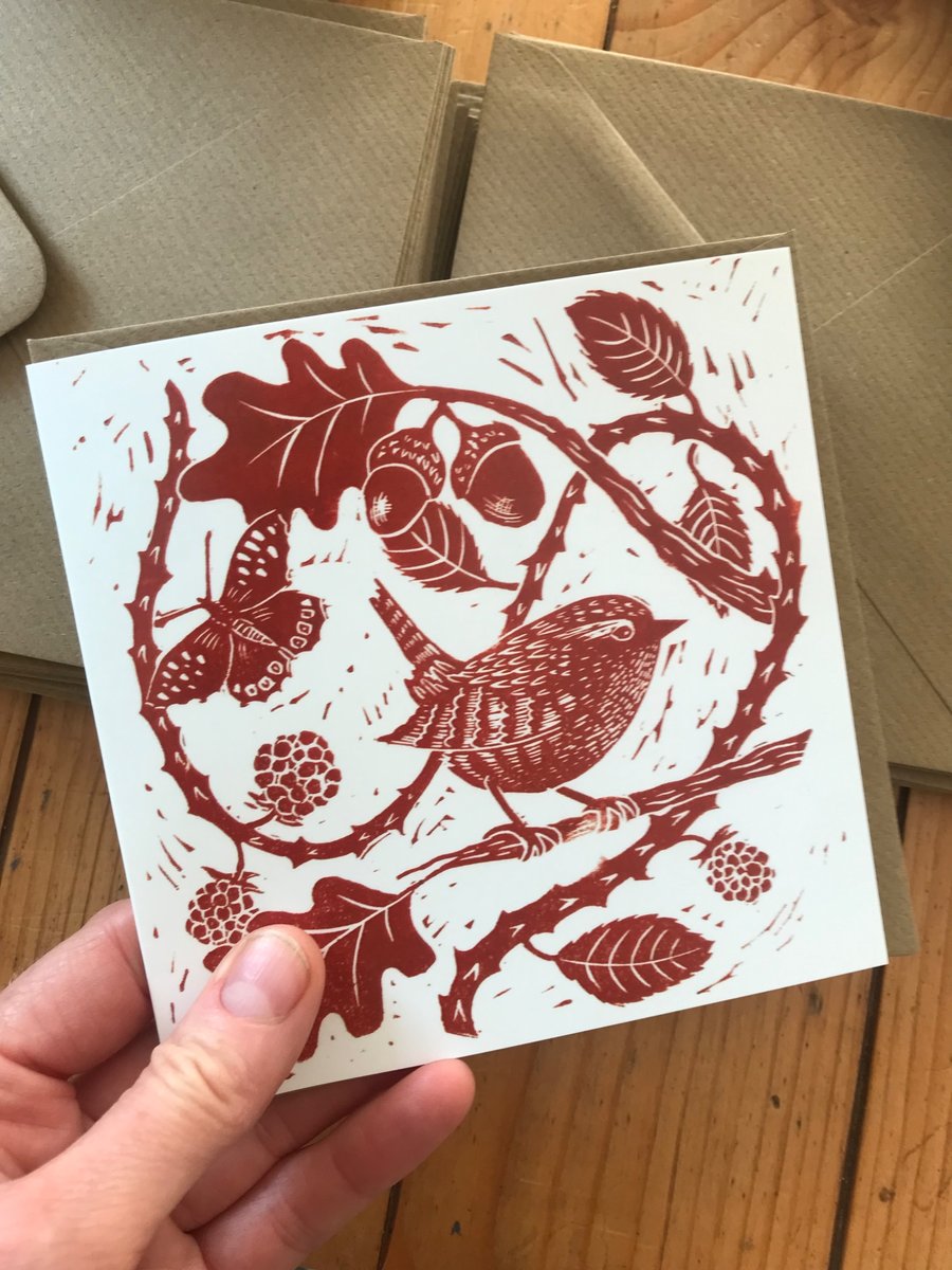 Wren lino print greeting card