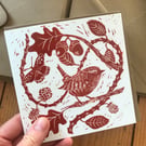 Wren lino print greeting card