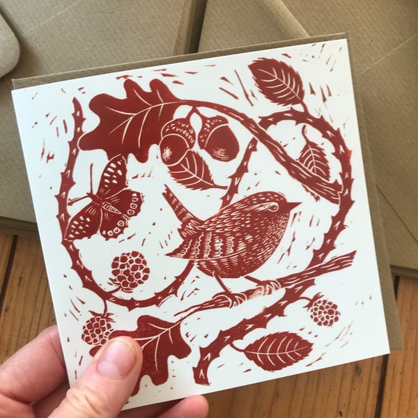 Wren lino print greeting card