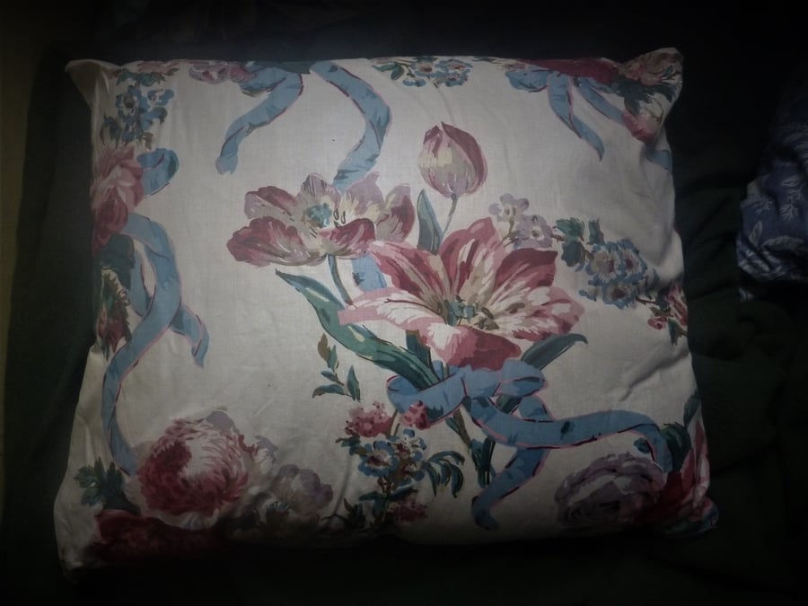 Large Oblong 24X19ins Glazed Cotton Cushion Lilies Blue Ribbon White Background