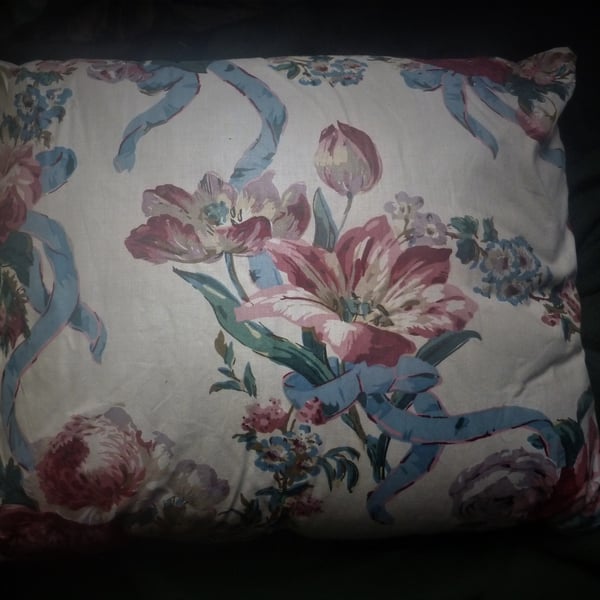 Large Oblong 24X19ins Glazed Cotton Cushion Lilies Blue Ribbon White Background