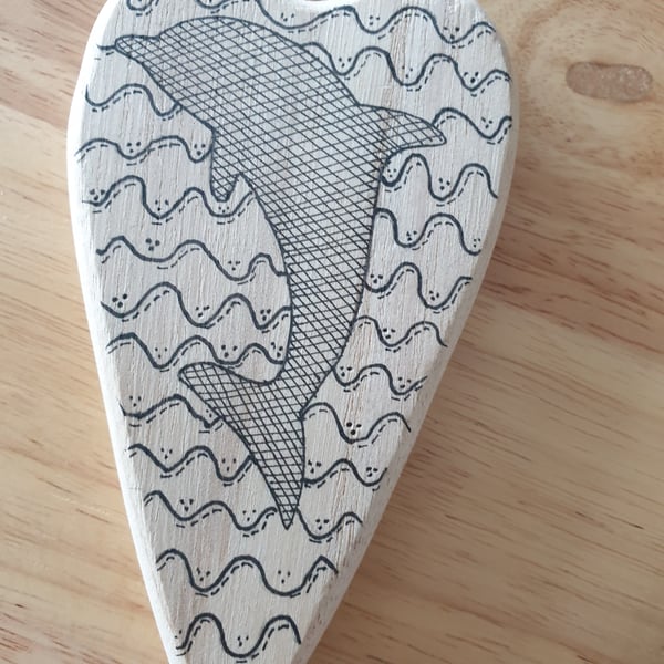 Dolphin hand drawn wooden heart