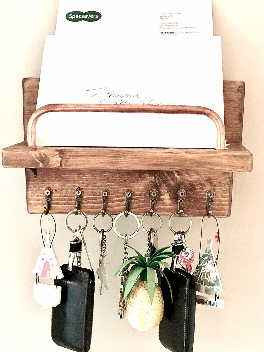 Letter Rack and Antique Brass Key Hooks, Timber and Cooper Metal, Wall Hung