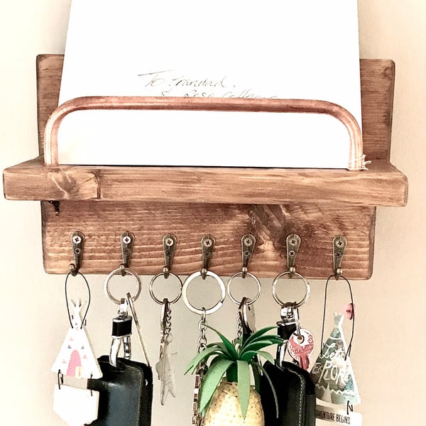 Letter Rack and Antique Brass Key Hooks, Timber and Cooper Metal, Wall Hung