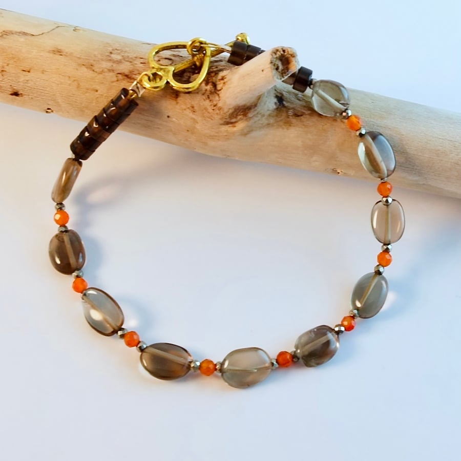 Smoky Quartz Bracelet With Faceted Carnelian And Pyrite - Handmade In Devon