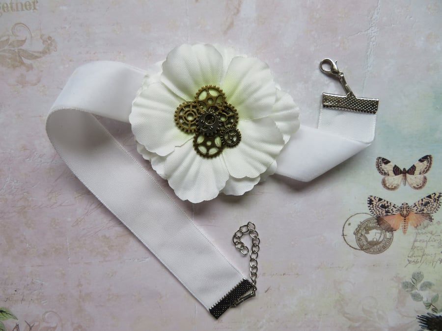 Ivory Steampunk Choker Vintage Collar Necklace Flower and Brass Cogs Wedding