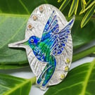 Handmade fine silver enameled hummingbird pendant 